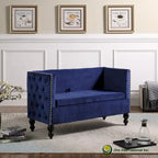 Causeuse / petit canapé tufté en velours beige et marine avec clous décoratifs et rangement dissimulé, 2 places