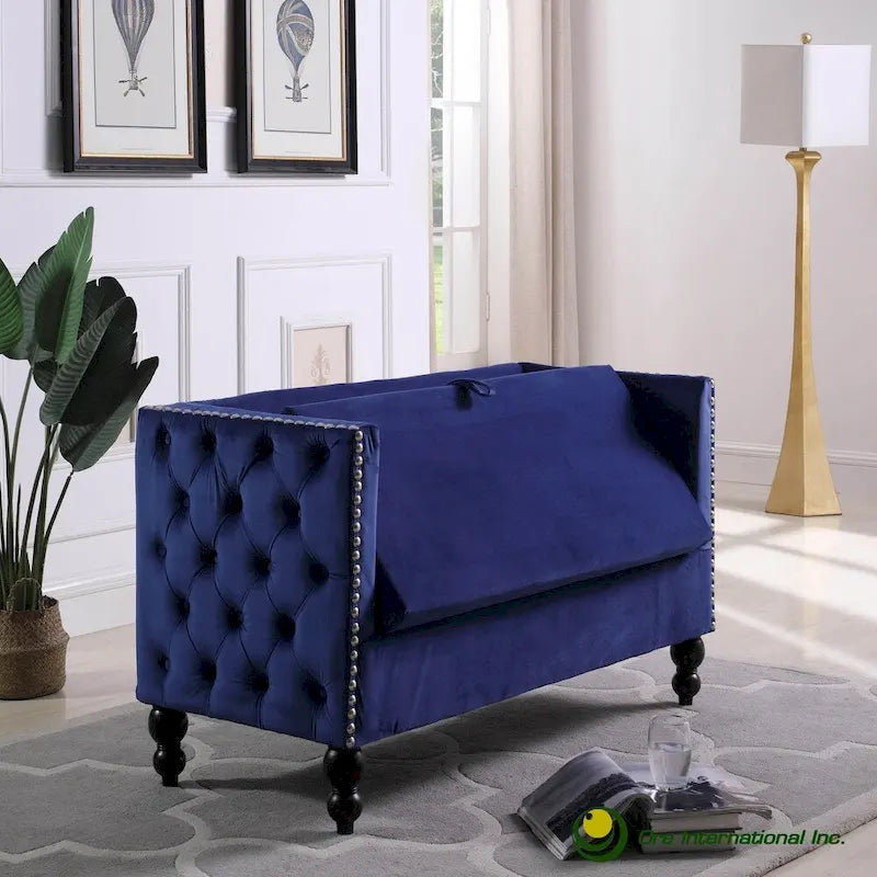 Causeuse / petit canapé tufté en velours beige et marine avec clous décoratifs et rangement dissimulé, 2 places