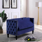 Causeuse / petit canapé tufté en velours beige et marine avec clous décoratifs et rangement dissimulé, 2 places