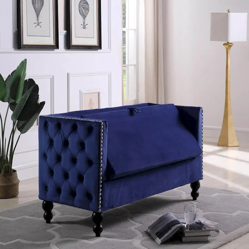 Causeuse / petit canapé tufté en velours beige et marine avec clous décoratifs et rangement dissimulé, 2 places