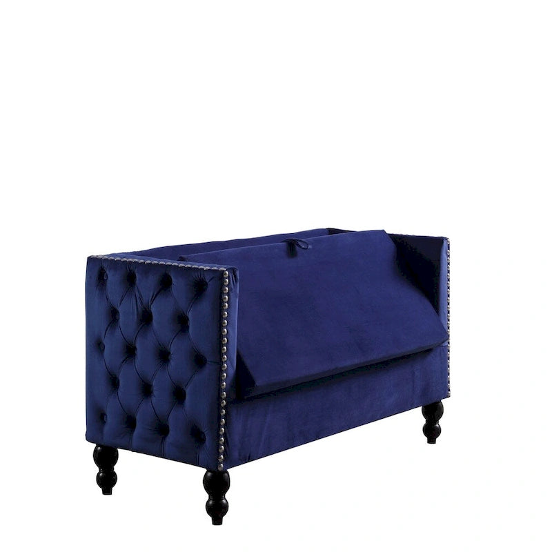 Causeuse / petit canapé tufté en velours beige et marine avec clous décoratifs et rangement dissimulé, 2 places