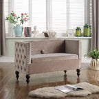 Causeuse / petit canapé tufté en velours beige et marine avec clous décoratifs et rangement dissimulé, 2 places