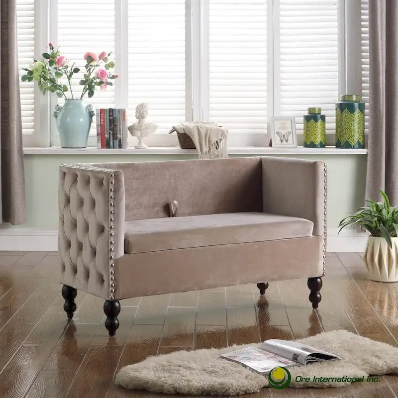 Causeuse / petit canapé tufté en velours beige et marine avec clous décoratifs et rangement dissimulé, 2 places