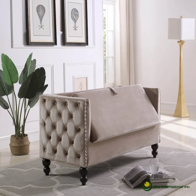 Causeuse / petit canapé tufté en velours beige et marine avec clous décoratifs et rangement dissimulé, 2 places
