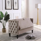 Causeuse / petit canapé tufté en velours beige et marine avec clous décoratifs et rangement dissimulé, 2 places
