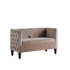 Causeuse / petit canapé tufté en velours beige et marine avec clous décoratifs et rangement dissimulé, 2 places