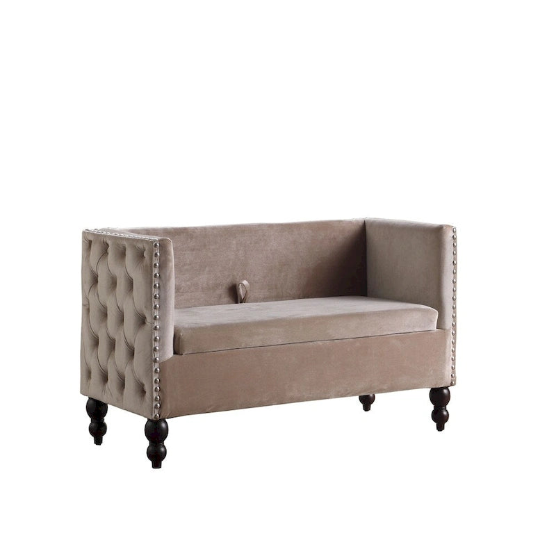 Causeuse / petit canapé tufté en velours beige et marine avec clous décoratifs et rangement dissimulé, 2 places