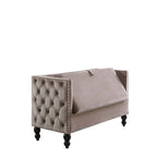 Causeuse / petit canapé tufté en velours beige et marine avec clous décoratifs et rangement dissimulé, 2 places