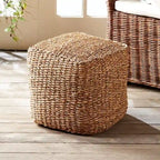 Petit pouf carré en jonc de mer tissé à la main, naturel, pour 1 personne