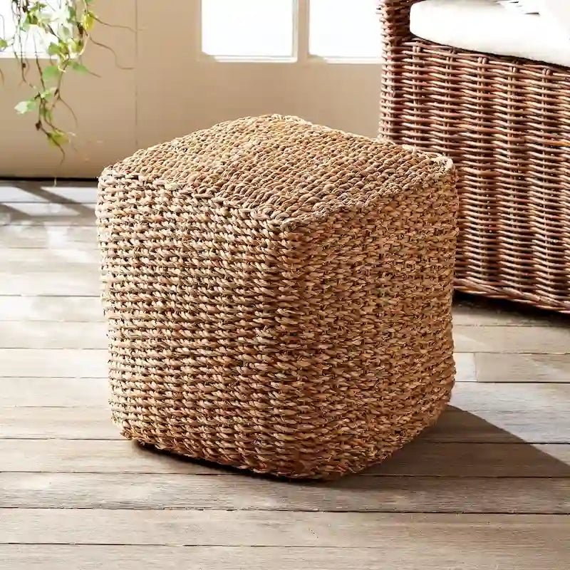 Petit pouf carré en jonc de mer tissé à la main, naturel, pour 1 personne