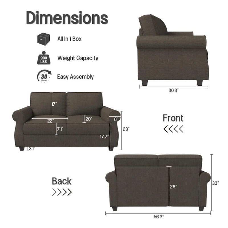 Canapé 2 places en bois massif gris/marron, assise extra profonde