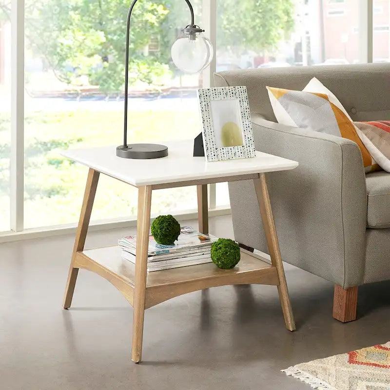 Table de chevet Off-White et Naturelle mi-siècle avec étagère inférieure