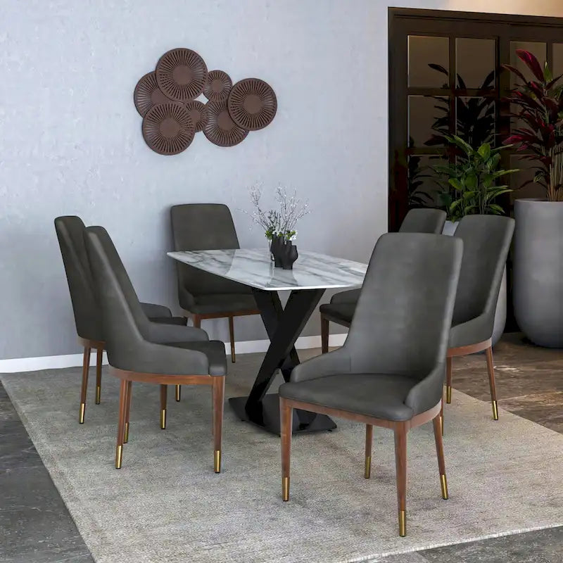 Chaise de salle à manger à dossier haut en cuir gris foncé/taupe/brun moka/crème avec pieds dorés, 1 personne