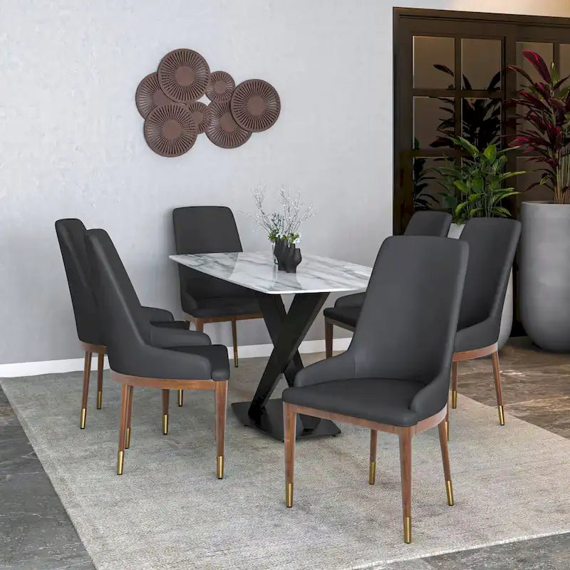 Chaise de salle à manger à dossier haut en cuir gris foncé/taupe/brun moka/crème avec pieds dorés, 1 personne