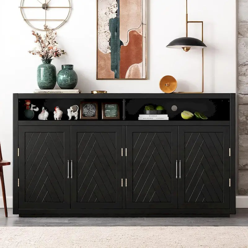 Bahut 4 portes noir/gris-brun/bleu fumé avec étagère ouverte et rangement modulable