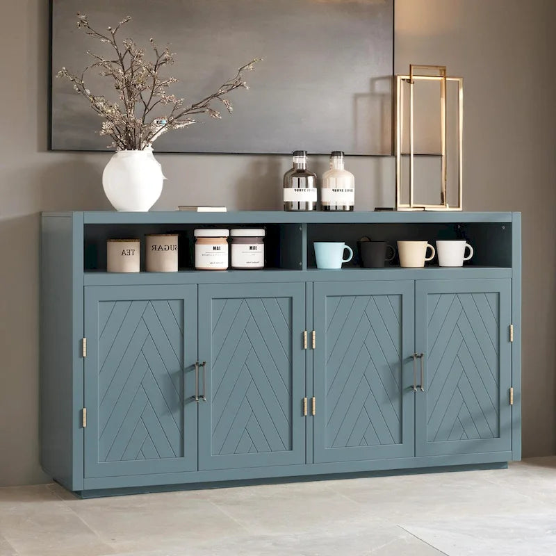 Bahut 4 portes noir/gris-brun/bleu fumé avec étagère ouverte et rangement modulable