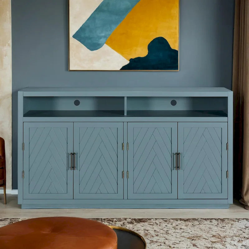 Bahut 4 portes noir/gris-brun/bleu fumé avec étagère ouverte et rangement modulable