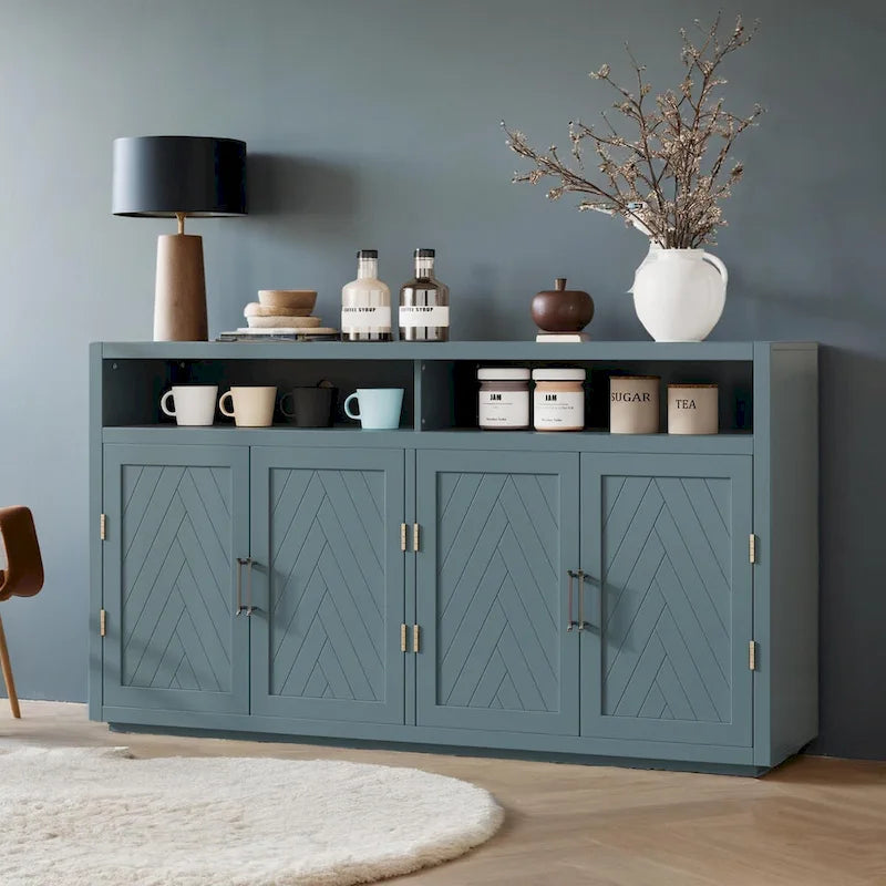 Bahut 4 portes noir/gris-brun/bleu fumé avec étagère ouverte et rangement modulable