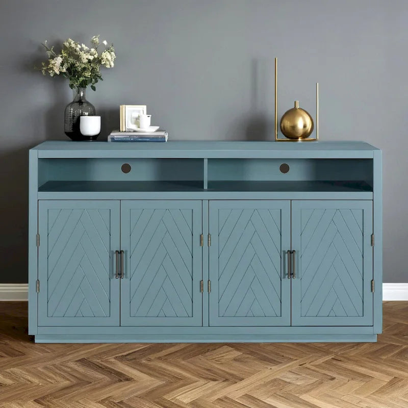 Bahut 4 portes noir/gris-brun/bleu fumé avec étagère ouverte et rangement modulable