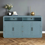 Bahut 4 portes noir/gris-brun/bleu fumé avec étagère ouverte et rangement modulable