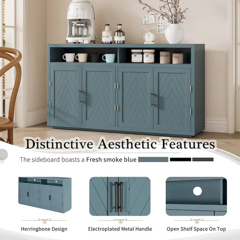 Bahut 4 portes noir/gris-brun/bleu fumé avec étagère ouverte et rangement modulable