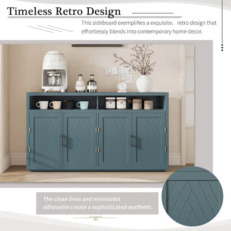 Bahut 4 portes noir/gris-brun/bleu fumé avec étagère ouverte et rangement modulable