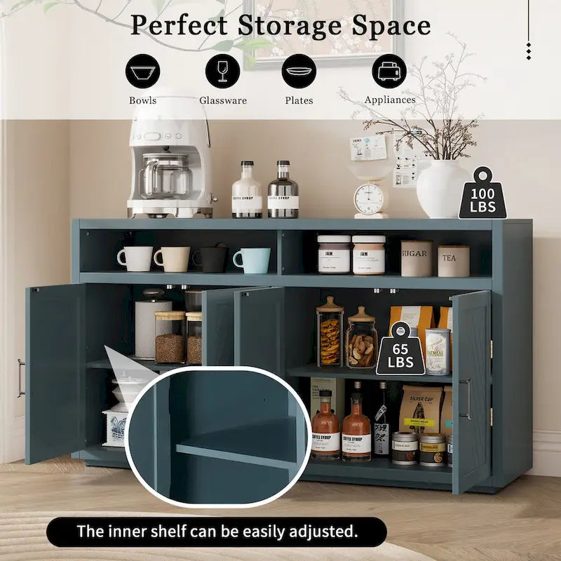Bahut 4 portes noir/gris-brun/bleu fumé avec étagère ouverte et rangement modulable