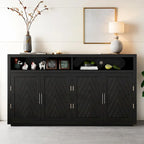Bahut 4 portes noir/gris-brun/bleu fumé avec étagère ouverte et rangement modulable
