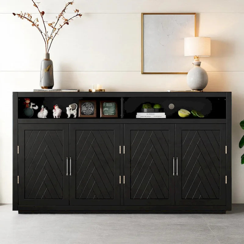 Bahut 4 portes noir/gris-brun/bleu fumé avec étagère ouverte et rangement modulable