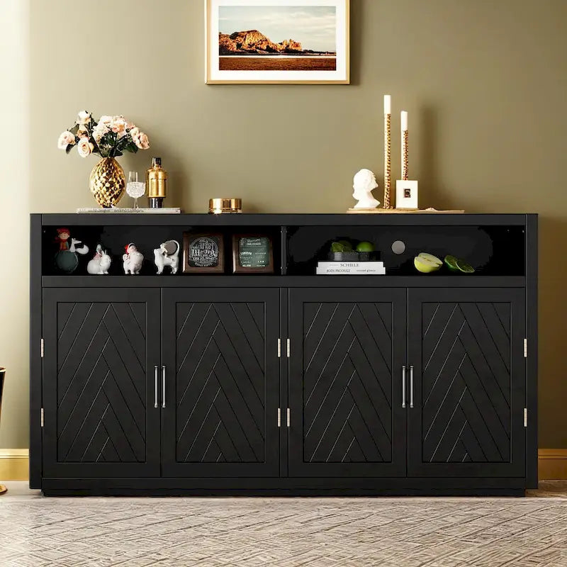 Bahut 4 portes noir/gris-brun/bleu fumé avec étagère ouverte et rangement modulable