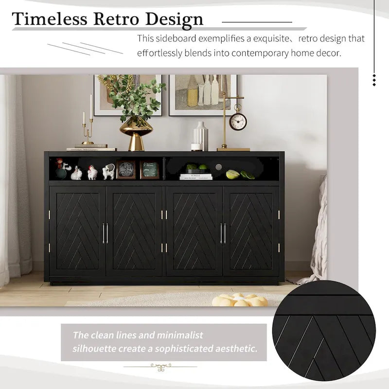 Bahut 4 portes noir/gris-brun/bleu fumé avec étagère ouverte et rangement modulable