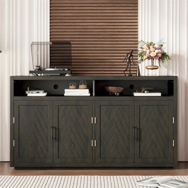 Bahut 4 portes noir/gris-brun/bleu fumé avec étagère ouverte et rangement modulable