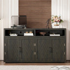 Bahut 4 portes noir/gris-brun/bleu fumé avec étagère ouverte et rangement modulable