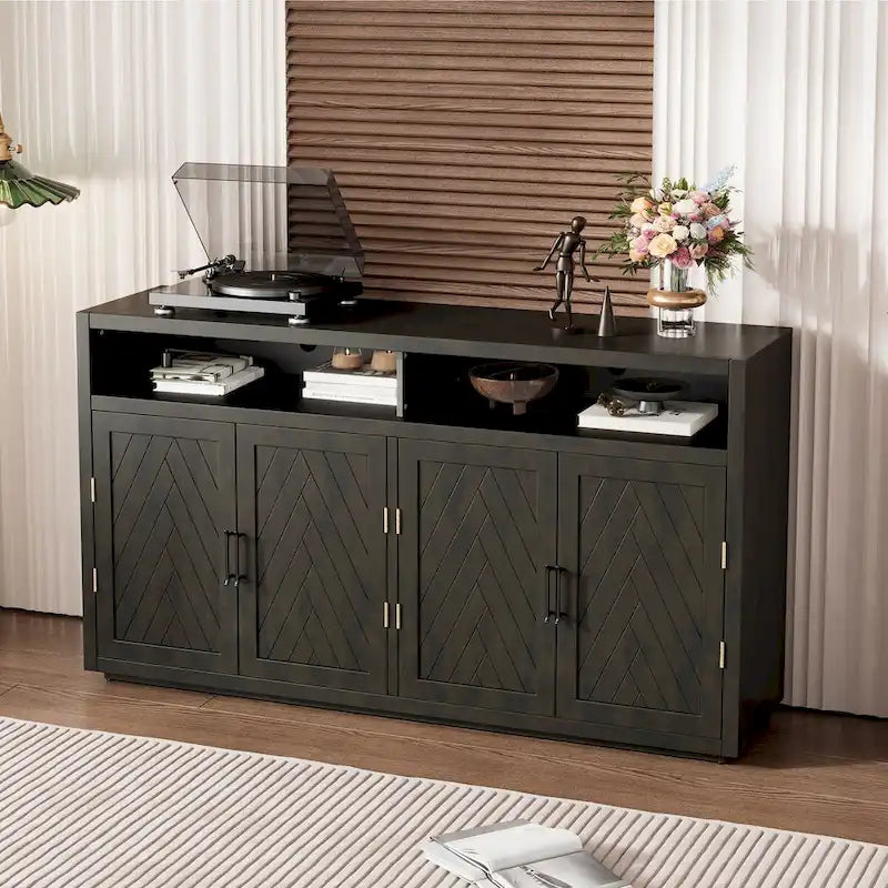 Bahut 4 portes noir/gris-brun/bleu fumé avec étagère ouverte et rangement modulable