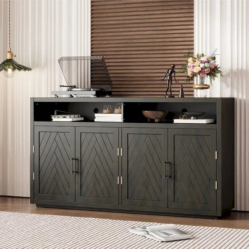 Bahut 4 portes noir/gris-brun/bleu fumé avec étagère ouverte et rangement modulable