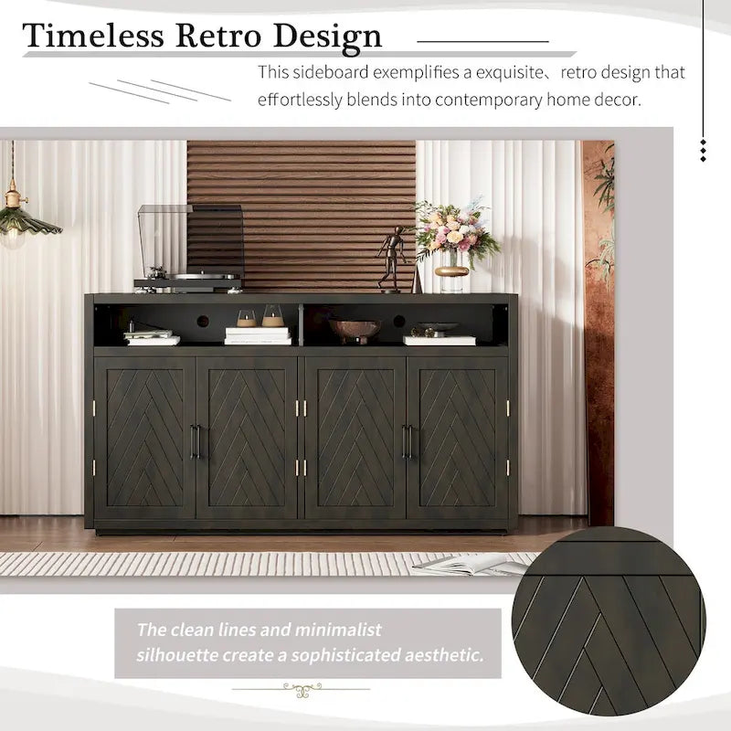 Bahut 4 portes noir/gris-brun/bleu fumé avec étagère ouverte et rangement modulable