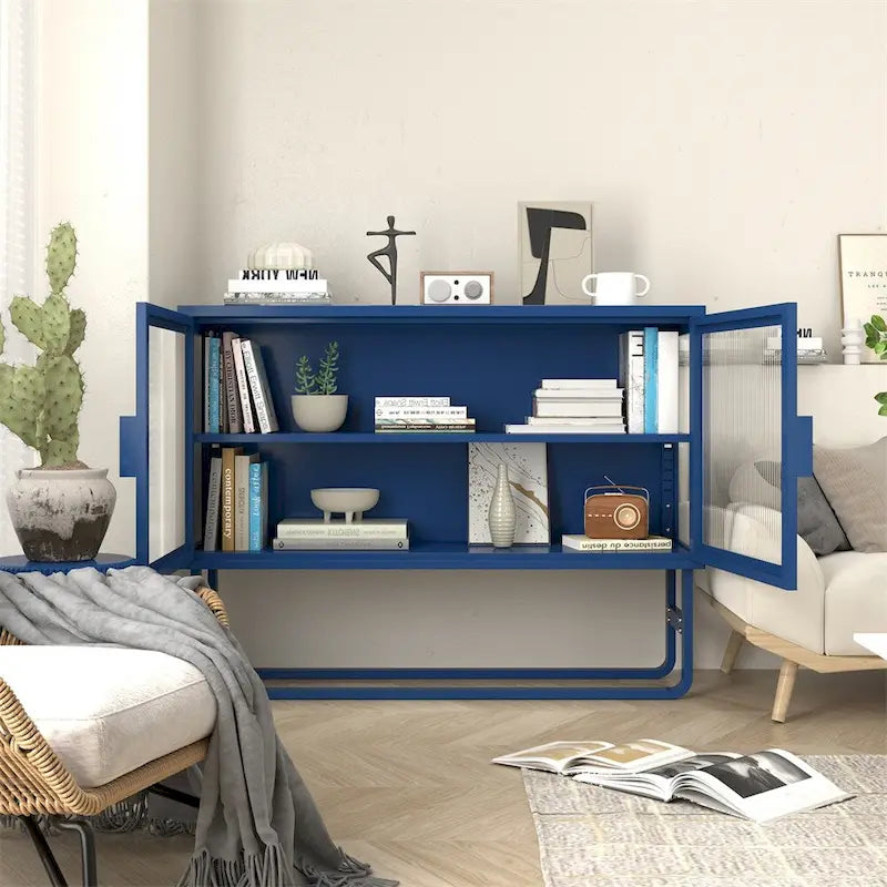Meuble d'appoint à portes en verre cannelé blanc avec étagère réglable