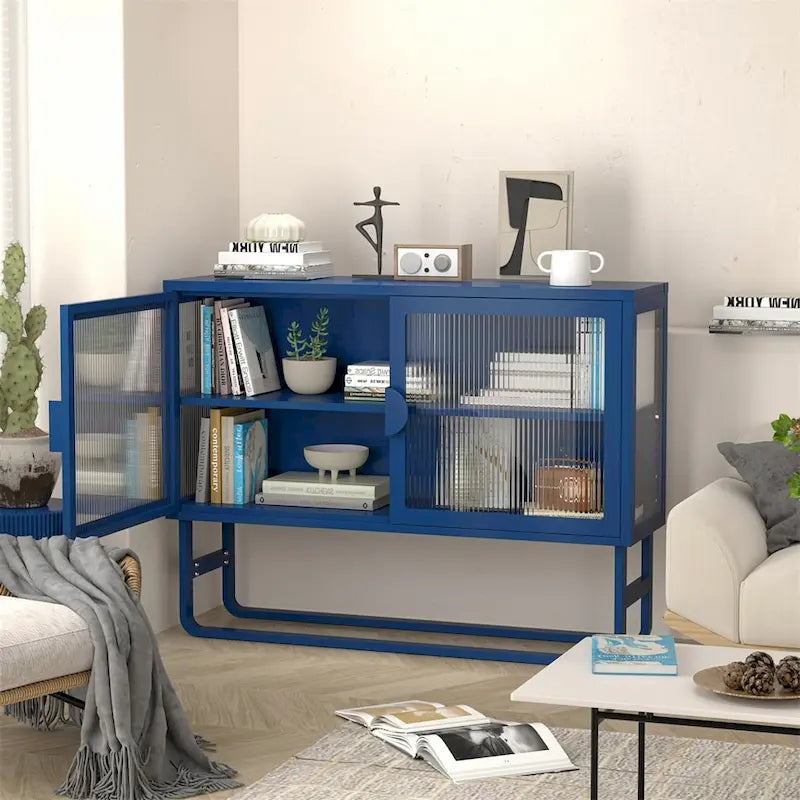 Meuble d'appoint à portes en verre cannelé blanc avec étagère réglable
