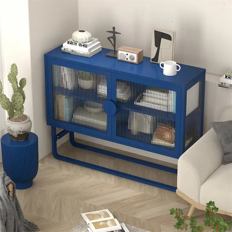 Meuble d'appoint à portes en verre cannelé blanc avec étagère réglable
