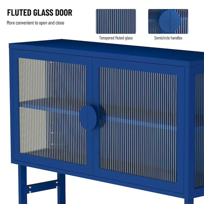 Meuble d'appoint à portes en verre cannelé blanc avec étagère réglable