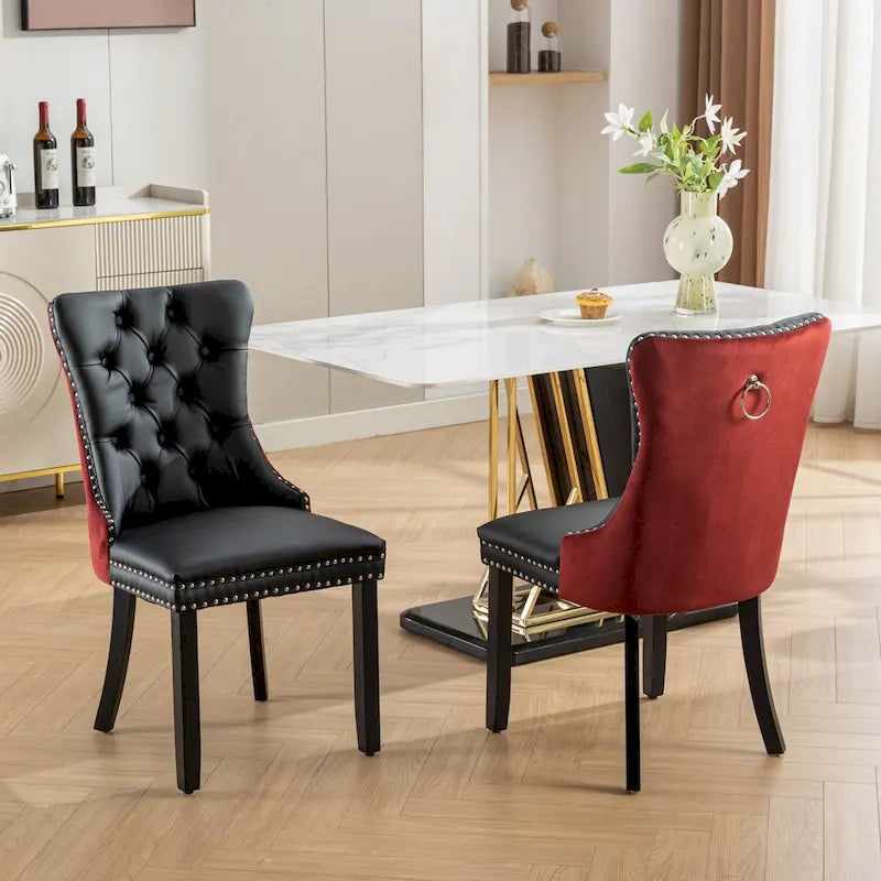 Chaise de salle à manger capitonnée avec garniture cloutée noire et rouge / noire et grise / blanche et bleue / blanche et rose, ensemble de 2