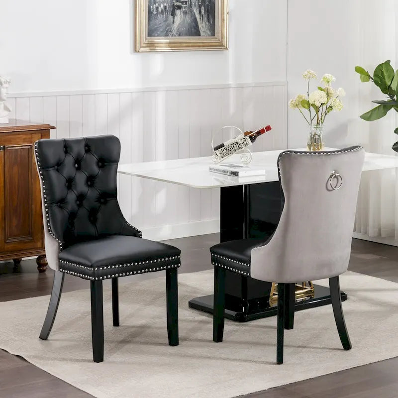 Chaise de salle à manger capitonnée avec garniture cloutée noire et rouge / noire et grise / blanche et bleue / blanche et rose, ensemble de 2