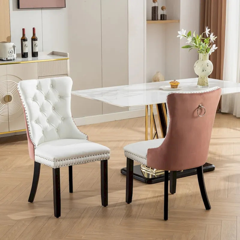 Chaise de salle à manger capitonnée avec garniture cloutée noire et rouge / noire et grise / blanche et bleue / blanche et rose, ensemble de 2