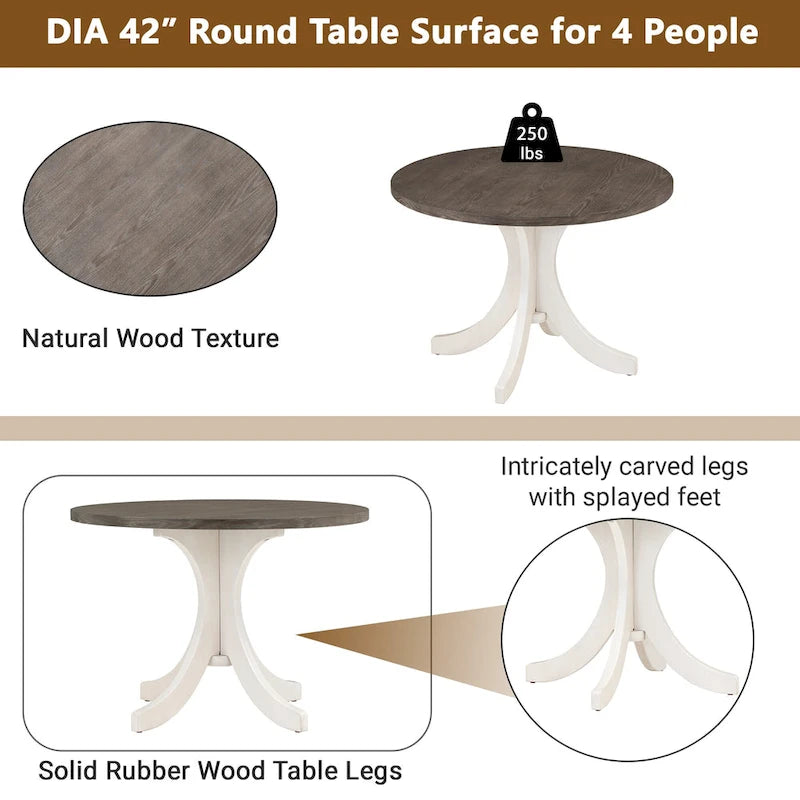 Table à manger ronde en bois massif, Noyer/Brun, 42" de diamètre, 4 places