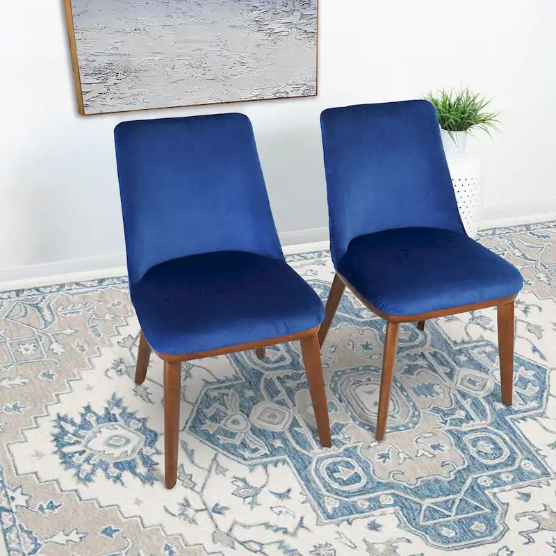 Chaises de salle à manger en velours bleu marine/beige, style mid-century, lot de 2
