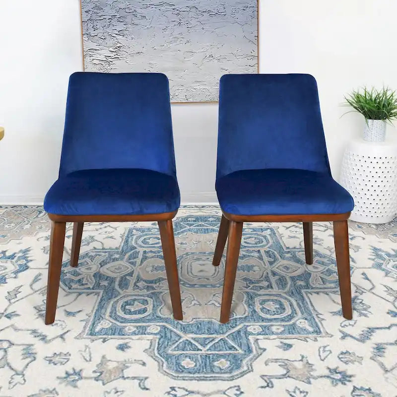 Chaises de salle à manger en velours bleu marine/beige, style mid-century, lot de 2