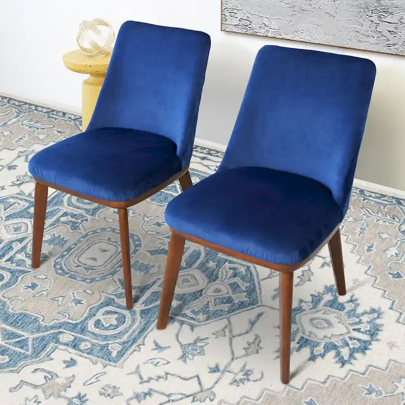 Chaises de salle à manger en velours bleu marine/beige, style mid-century, lot de 2
