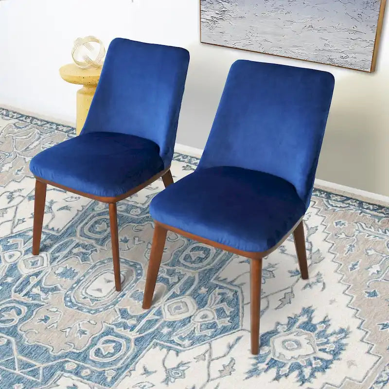 Chaises de salle à manger en velours bleu marine/beige, style mid-century, lot de 2
