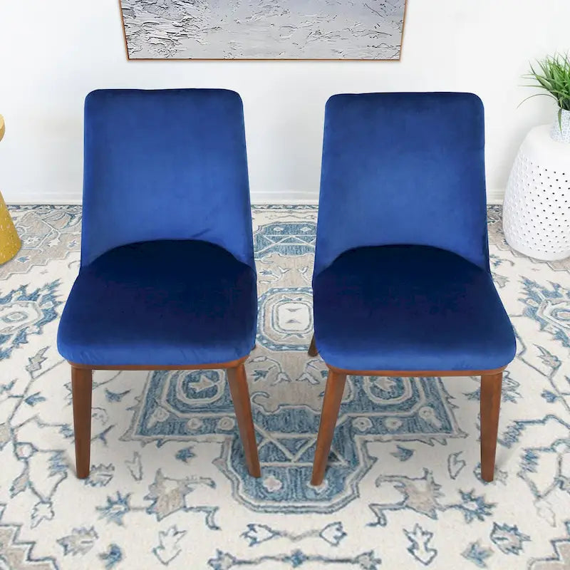 Chaises de salle à manger en velours bleu marine/beige, style mid-century, lot de 2