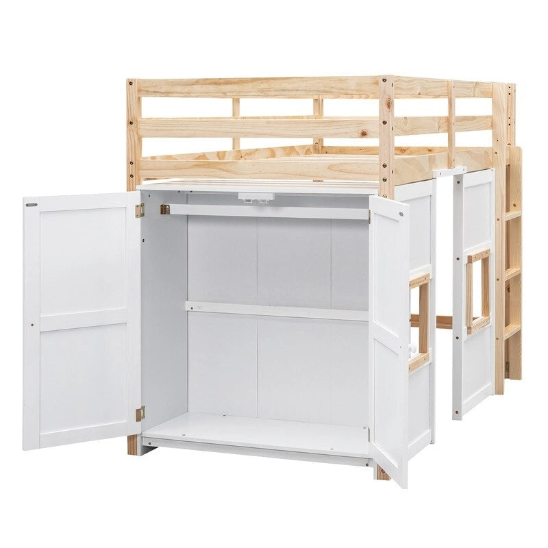 Lit mezzanine jumeau gris/blanc avec armoire intégrée et 2 fenêtres